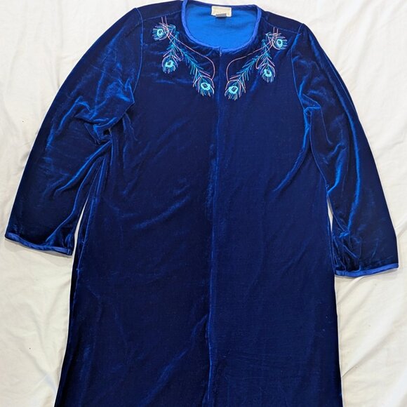 VTG Inspired 70s Blue Velour Kaftan Peacock Gown Sz S Embroidery Robe Zip Up - Picture 1 of 8